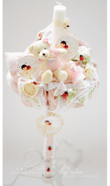 Lumanare de botez pentru fetite cu gargarite, 65x4 cm, Ladybug  1